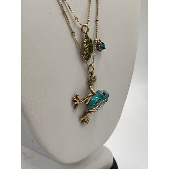 Betsey Johnson Teal & Gold
Frog Pendant Necklace Two-Row Necklace goldtone tree - Picture 7 of 11